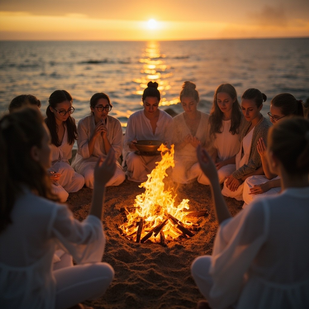 Women in White Performing Ritual at Seaside Sunset
