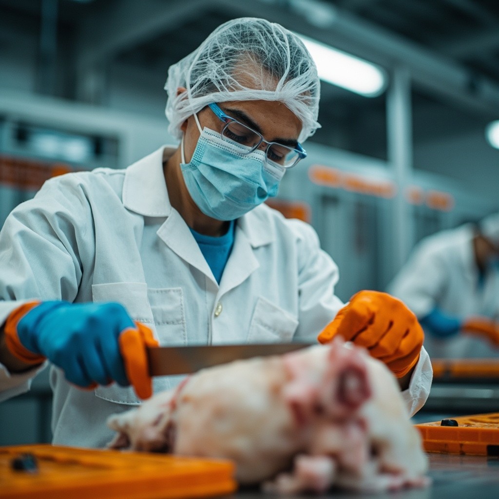 Worker Cutting Chicken in Colorful Poultry Factory