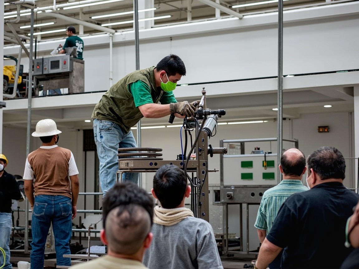 Workers Installing Machinery in Asian Food Factory