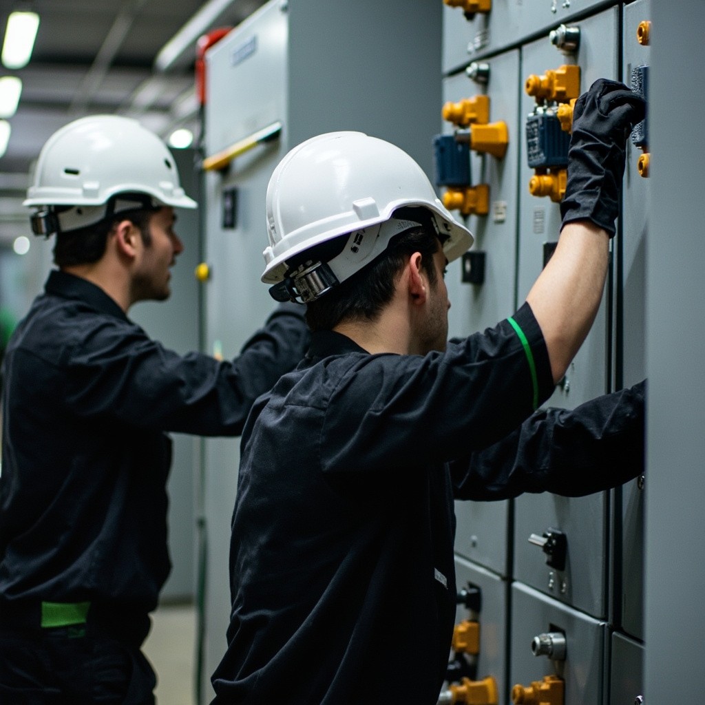 Workers in Black, Green-lined Shirts Fixing Electric Board