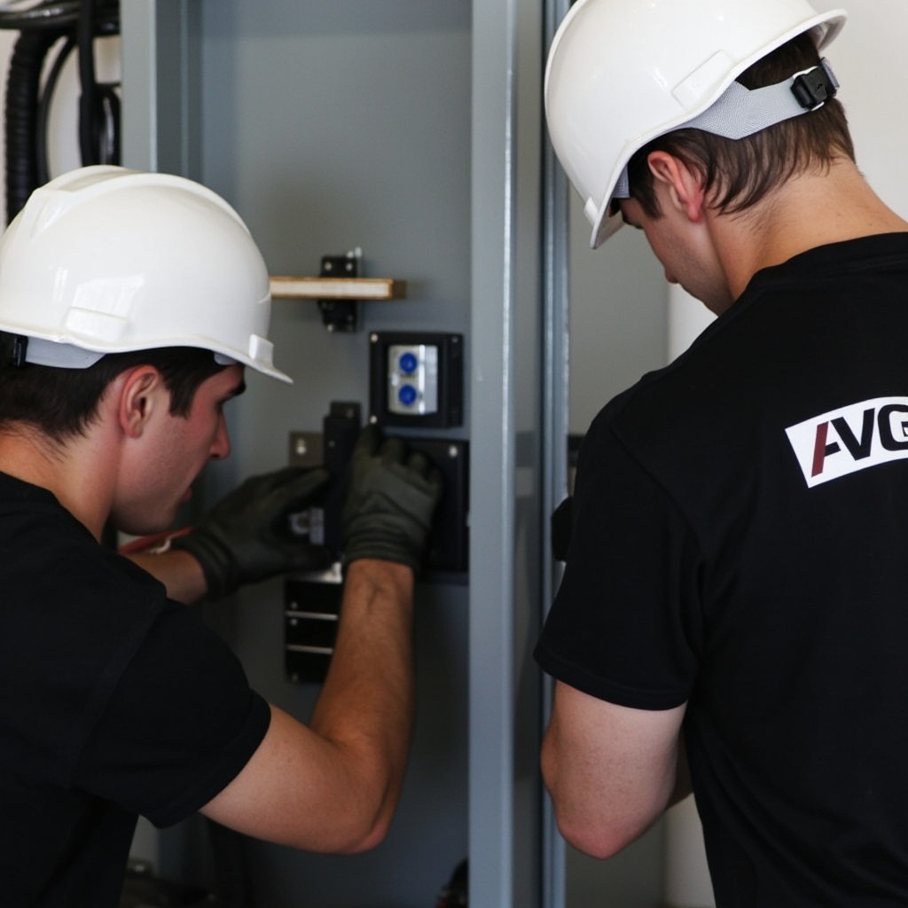 Workers in Black Attire Fixing an Electrical Board