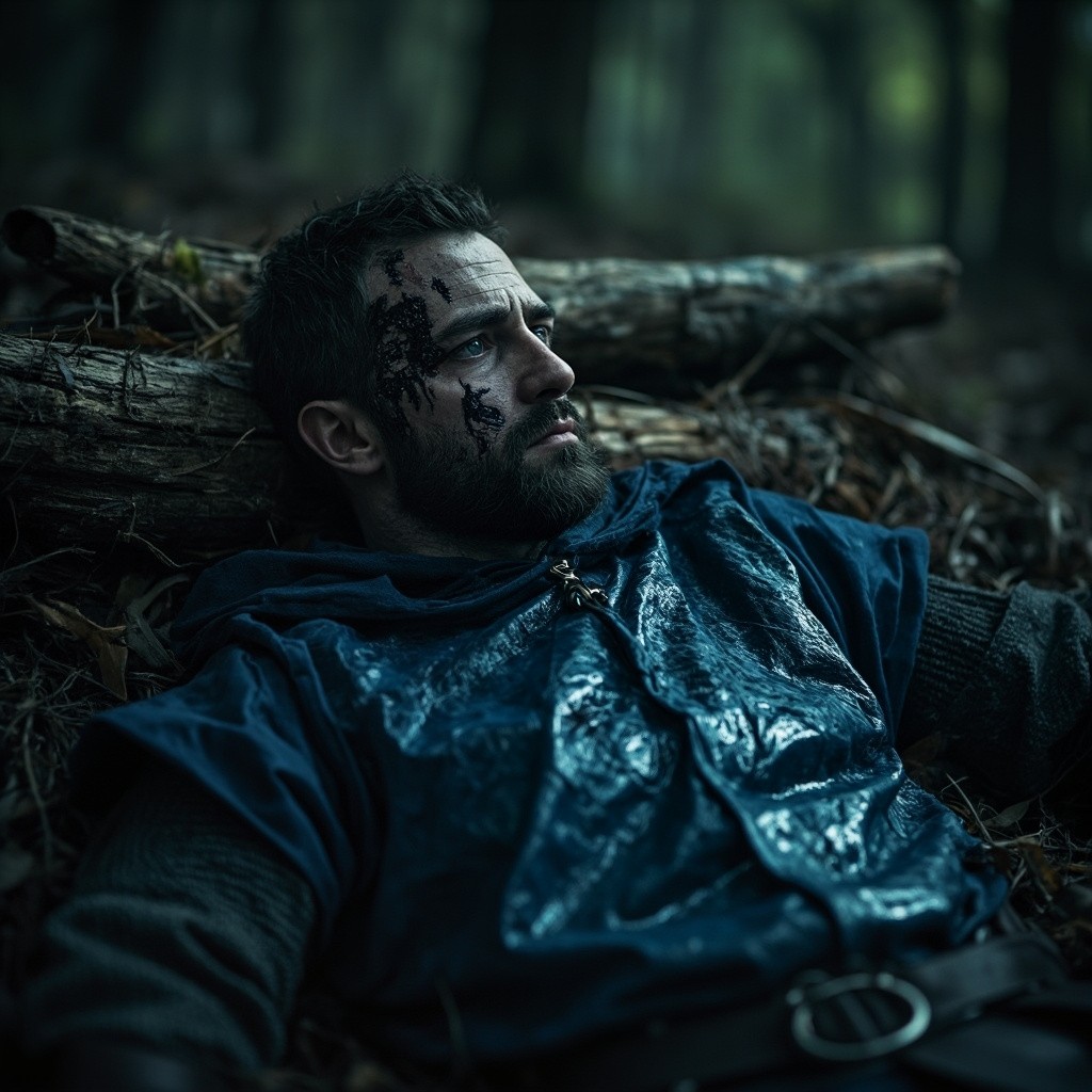 Wounded Medieval Soldier with Corrupted Skin in Forest