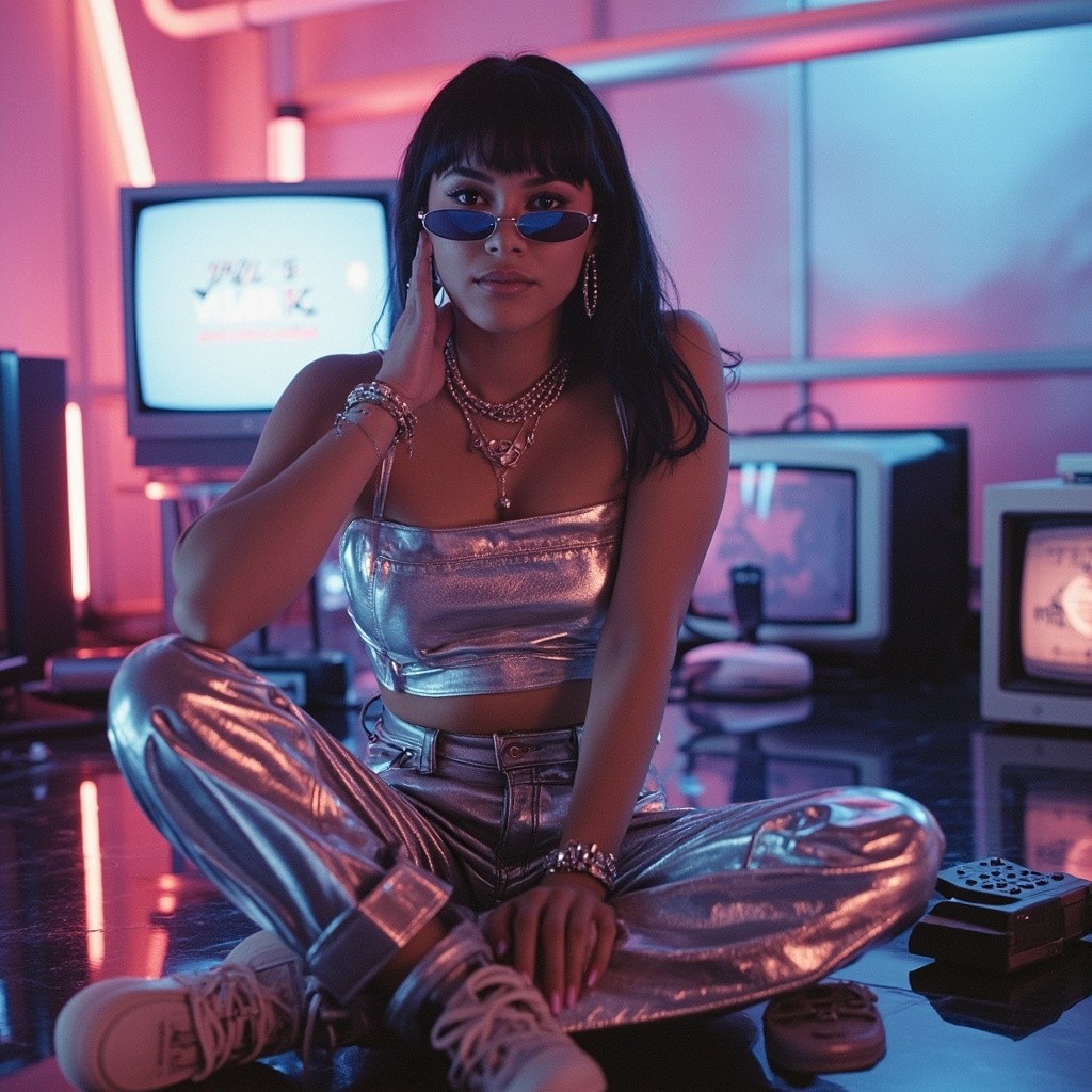 Y2K Fashion Photoshoot in Retro-Futuristic Neon Room