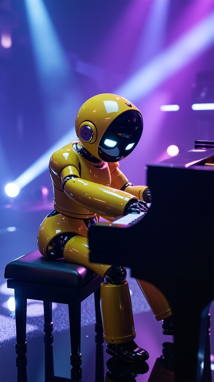 Yellow Robot Playing Piano on Futuristic Concert Stage