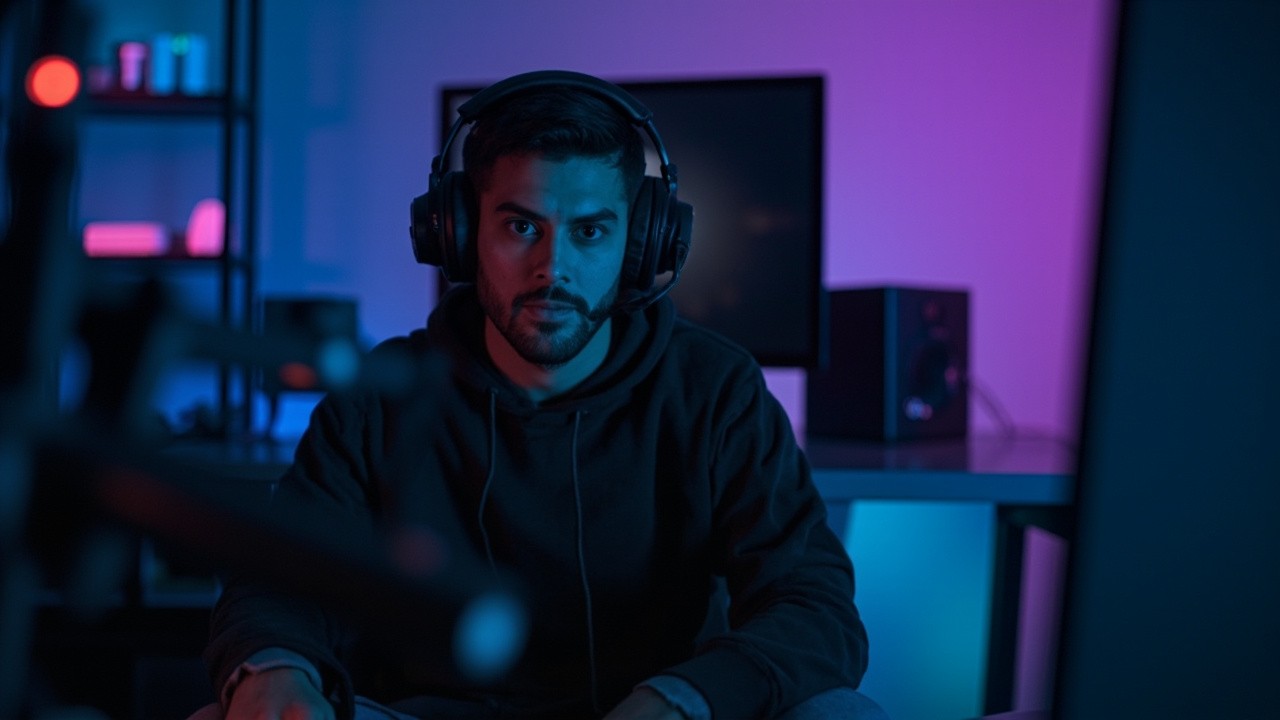 YouTuber Filming in Cozy, Dimly Lit Room