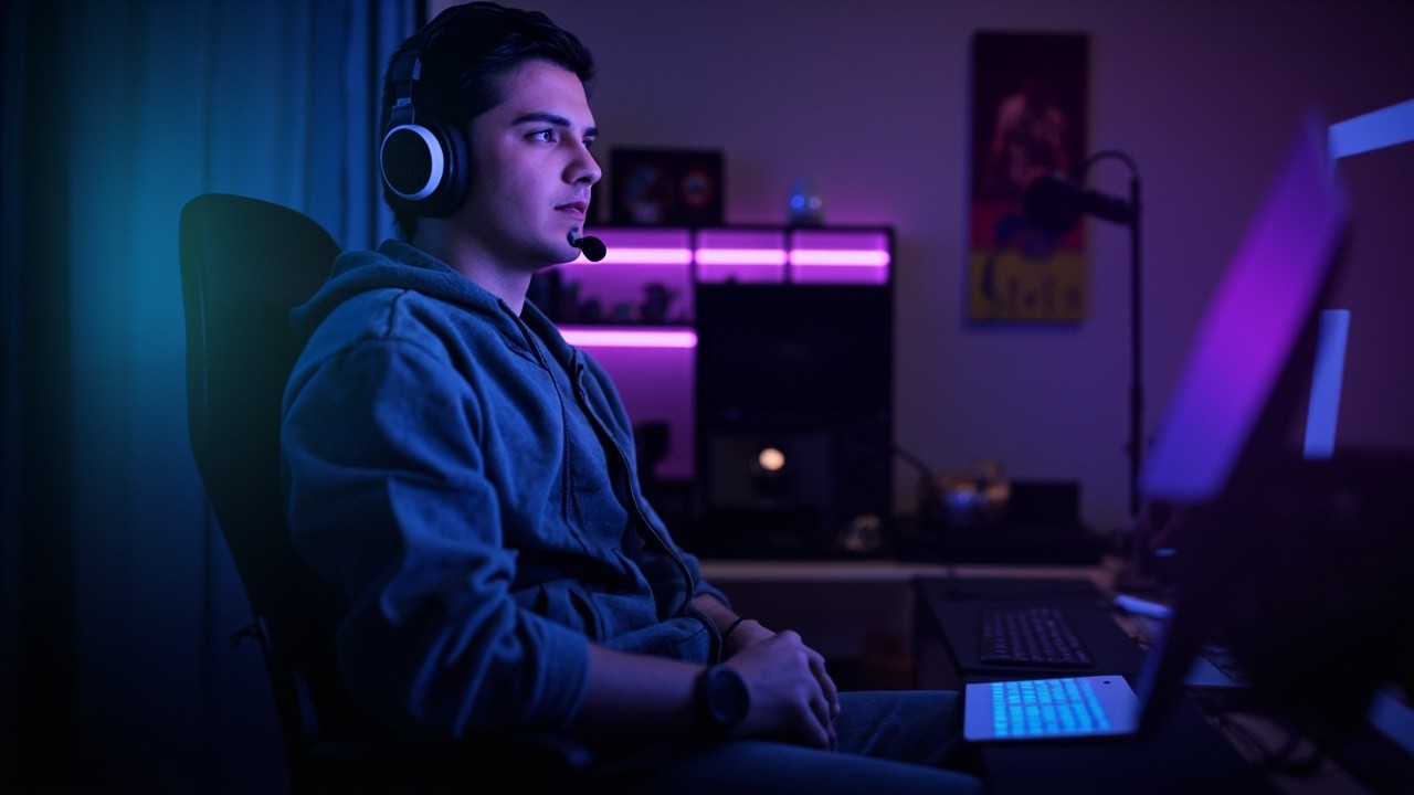 YouTuber Preparing in a Cozy, Dimly Lit Room