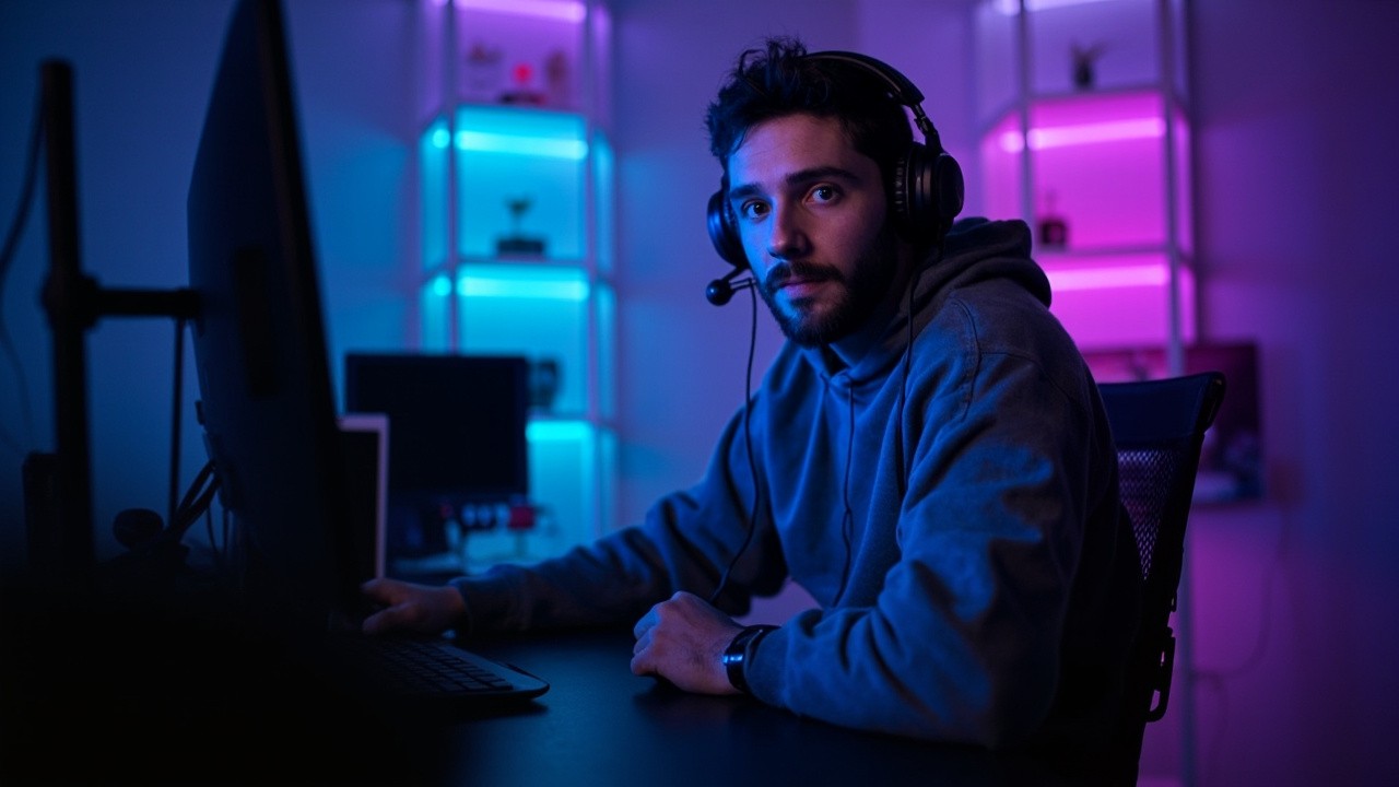 YouTuber in Cozy Room with Modern Tech Setup