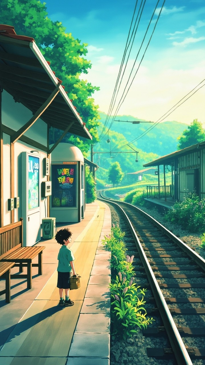 Young Boy Waiting at Serene Countryside Train Station