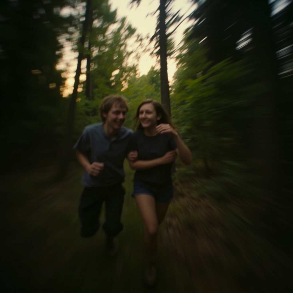 Young Couple Running in Forest at Dusk