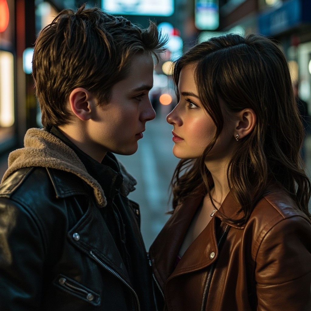 Young Couple in Leather Jackets Gazing Intently