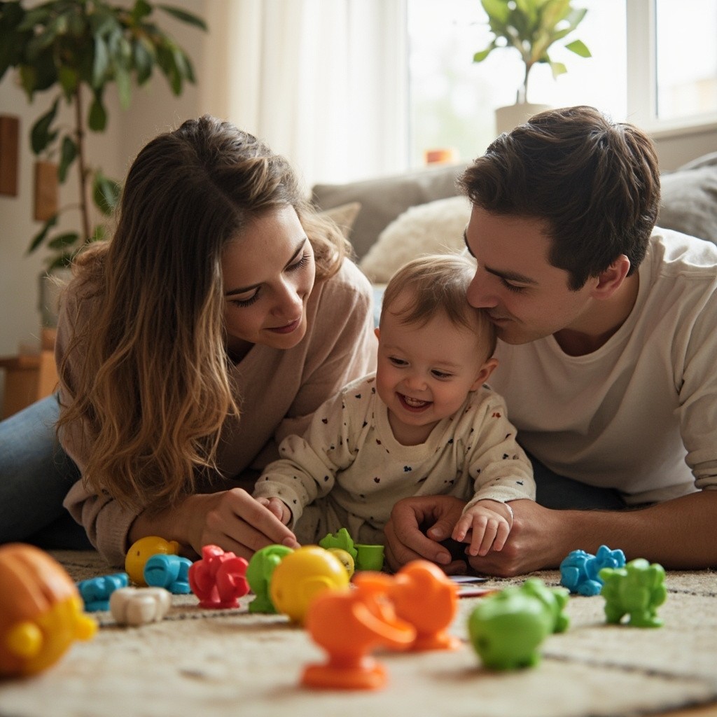 Young Family Playing Amidst Toys in Living Room