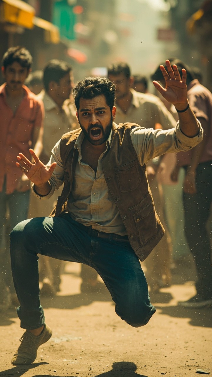 Young Indian Man Falling in Busy Street