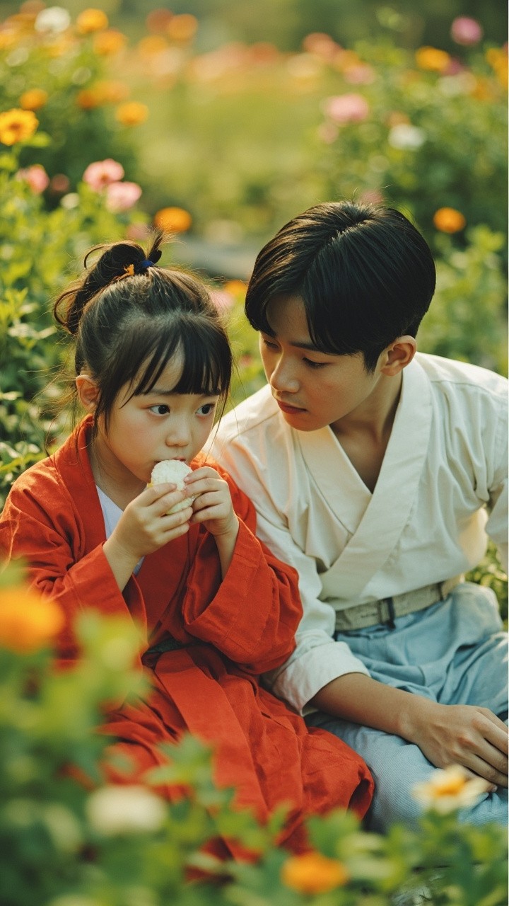 Young Japanese Friends in a Serene Flower Garden