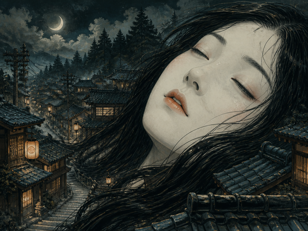 Stunning illustration of a young Japanese woman with Noh mask drifting through a moonlit village. Stunning illustration of a young Japanese woman with Noh mask drifting through a moonlit village.