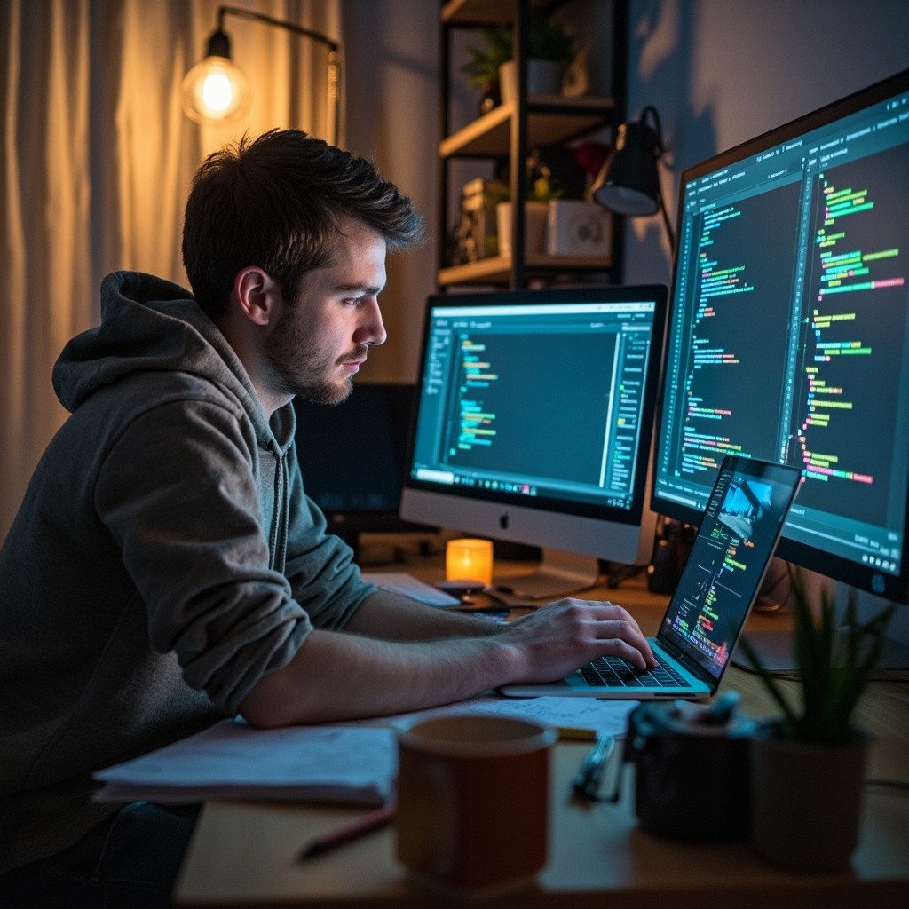 Young Man Learning to Code at Home Office