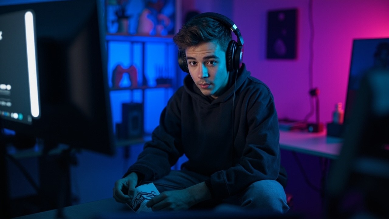 Young Man Preparing for YouTube Filming in Cozy Room