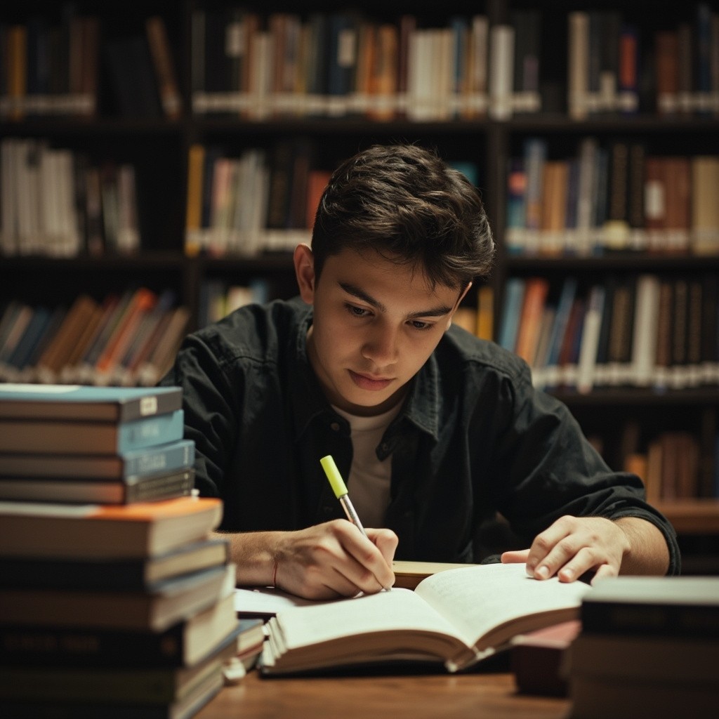 Young Student Reading Law Books in Library