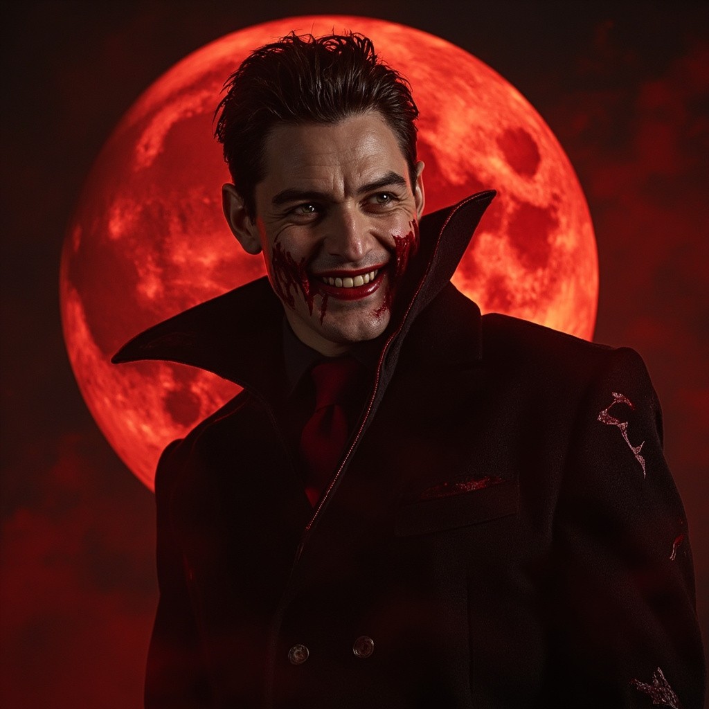 Young Vampire Smiling Under a Bloody Moon