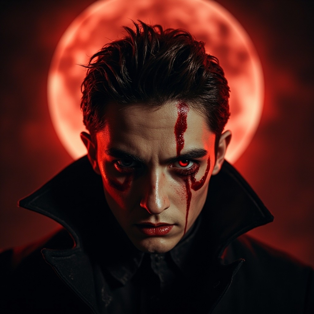Young Vampire with a Blood Moon Behind
