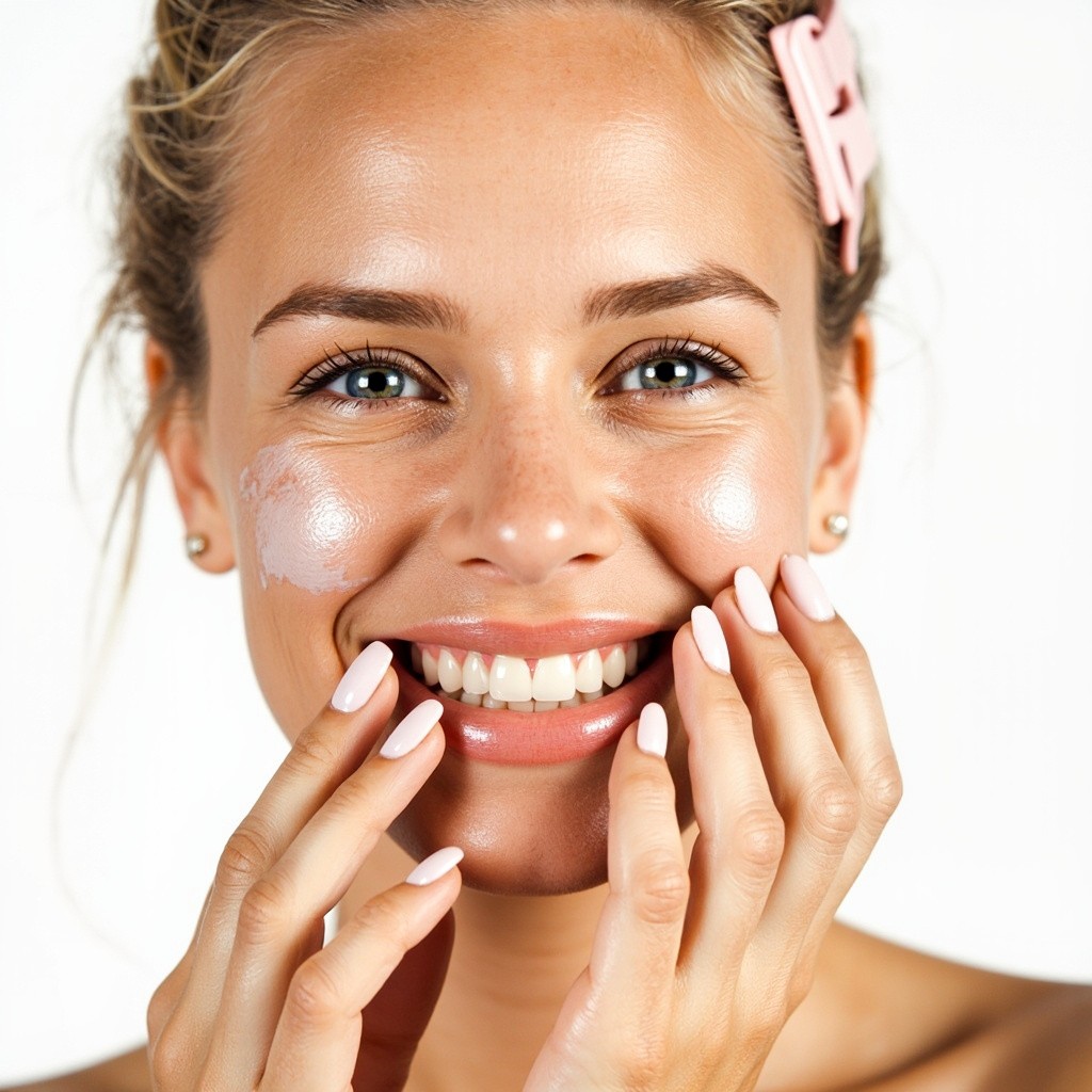 Young Woman Applying Skincare Product, Smiling