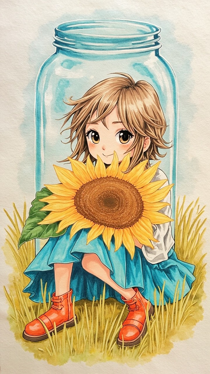 Young Woman Embracing Sunflower in Dreamlike Landscape