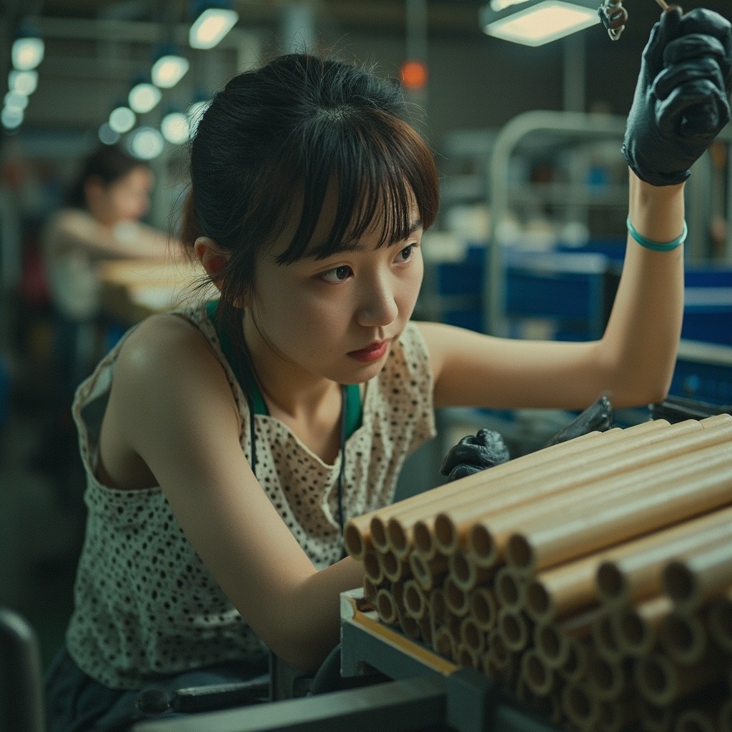 Young Woman Handling Perforated Tube in Factory