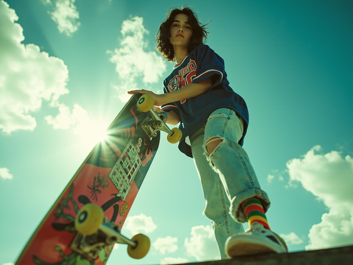 Young Woman Portrayed at Dystopian Skatepark Low-Angle