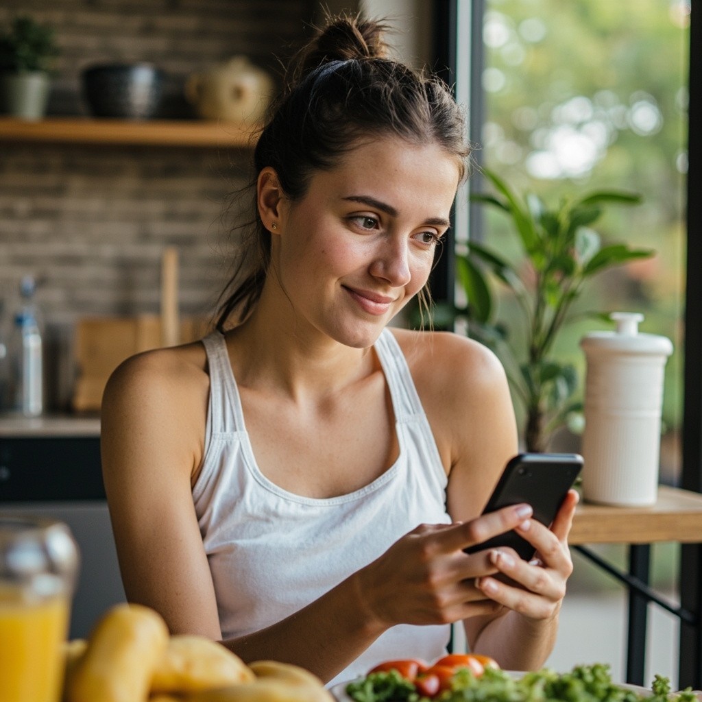 Young Woman Using Smartphone while Eating Healthily