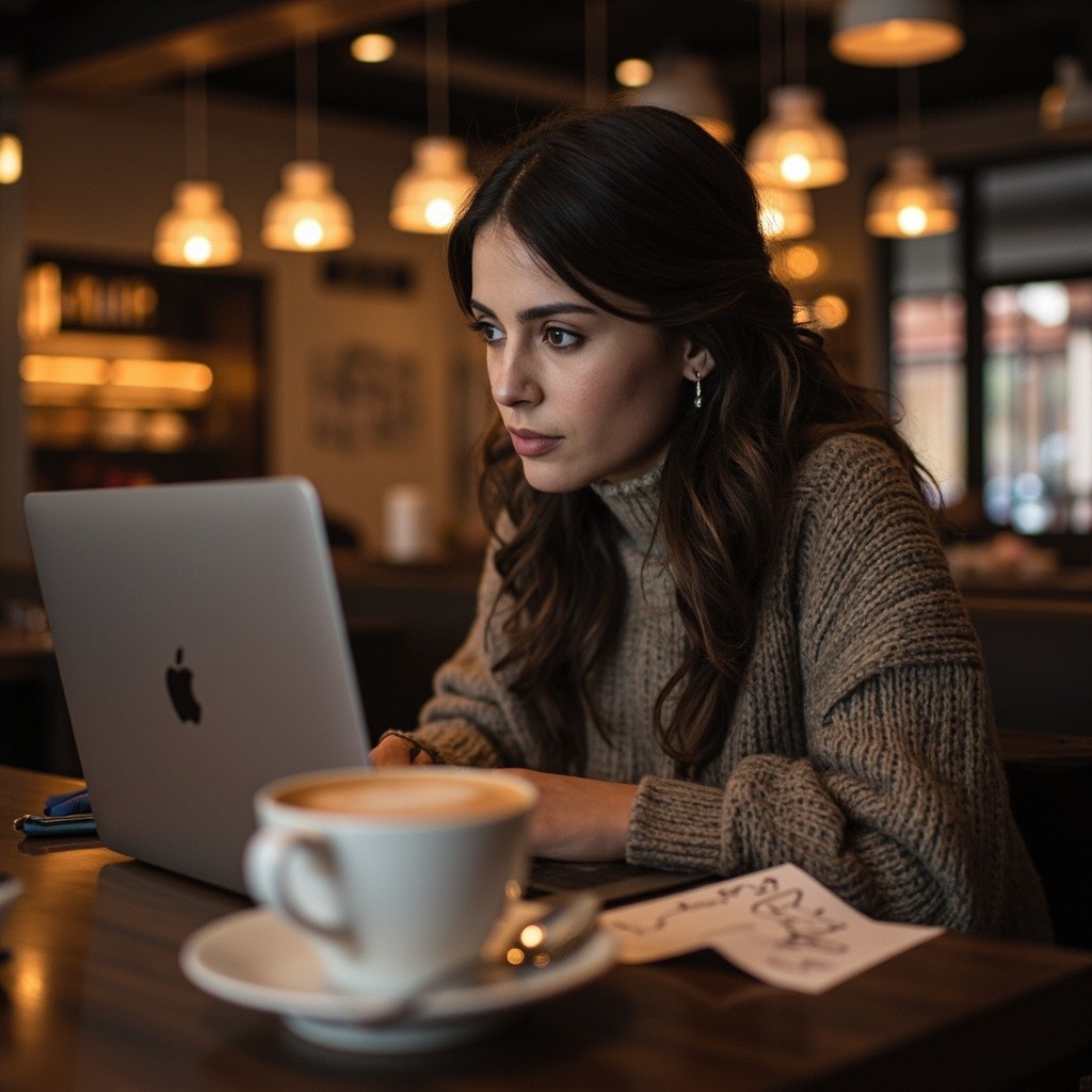 Young Woman Working in a Blurred Coffee Shop