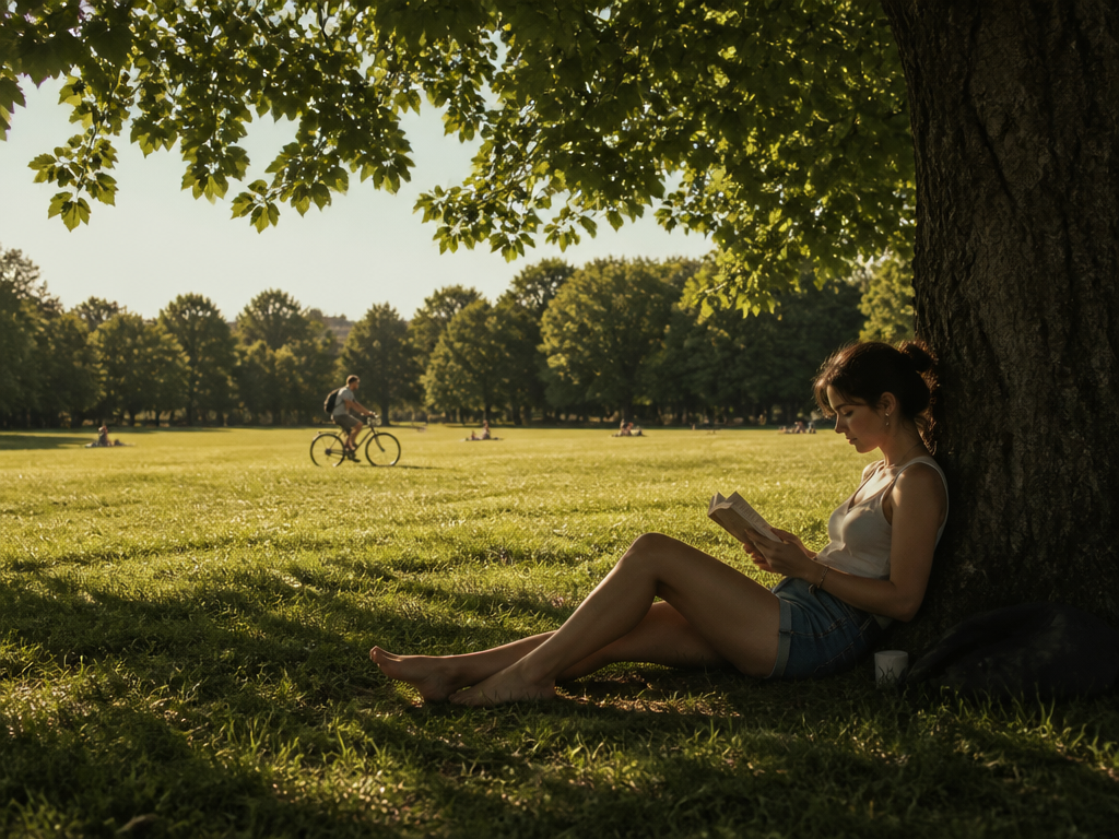 Tranquil scene of woman reading in park with cyclist Tranquil scene of woman reading in park with cyclist