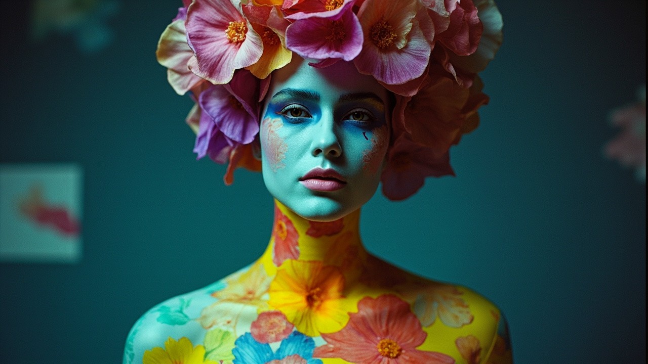 Zentai Woman in Floral Costume with Double Exposure