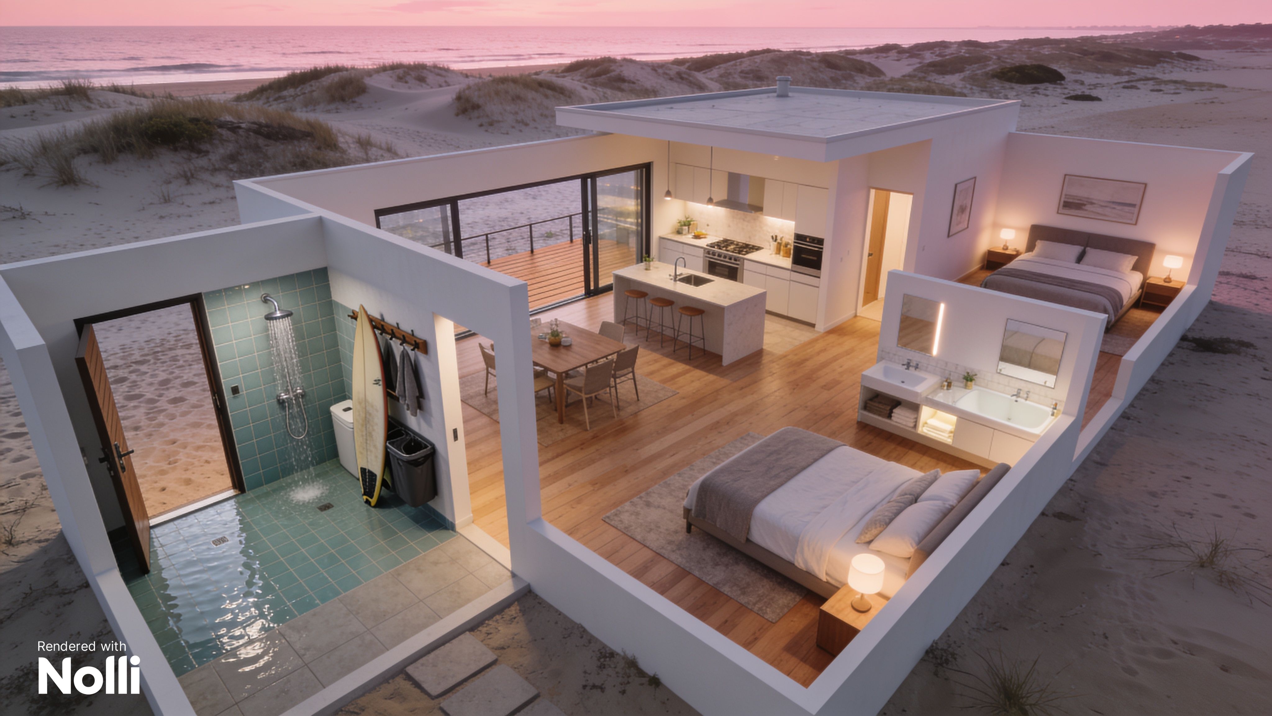 Coastal Beach House Floor Plan 3D Render