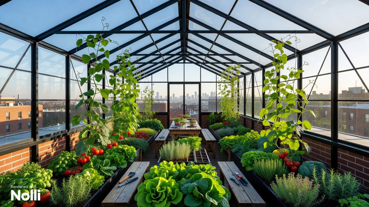 Vegetable Lettering Labels Rooftop Greenhouse Interior on Apartment Building