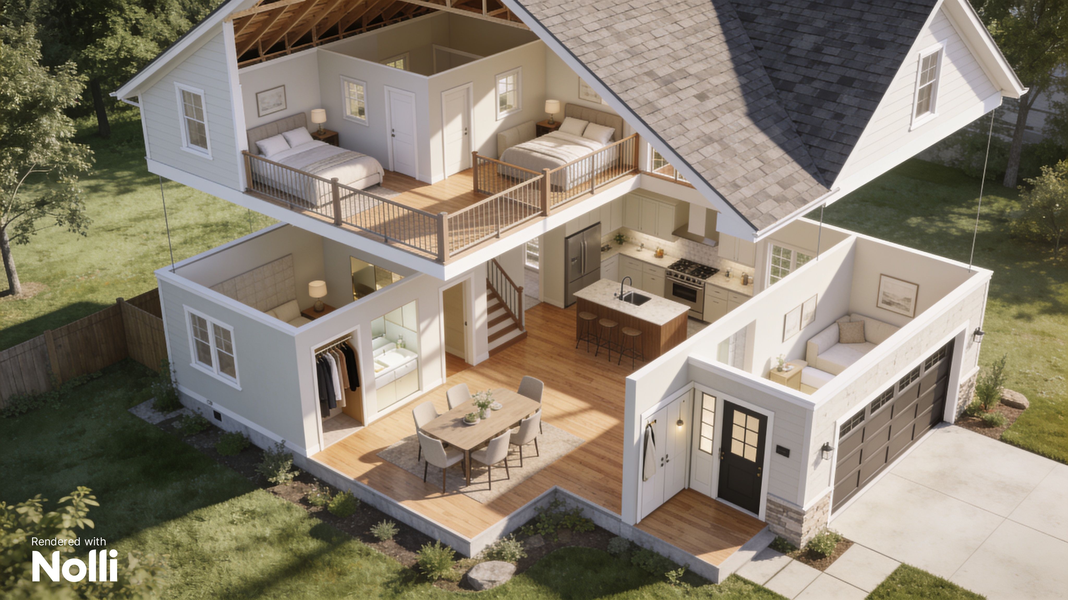Two-Story House Floor Plan 3D Cutaway