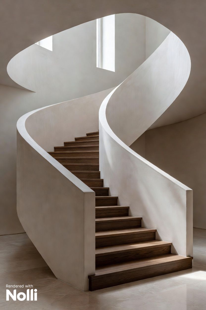 Curved Staircase With Plaster Balustrade Render