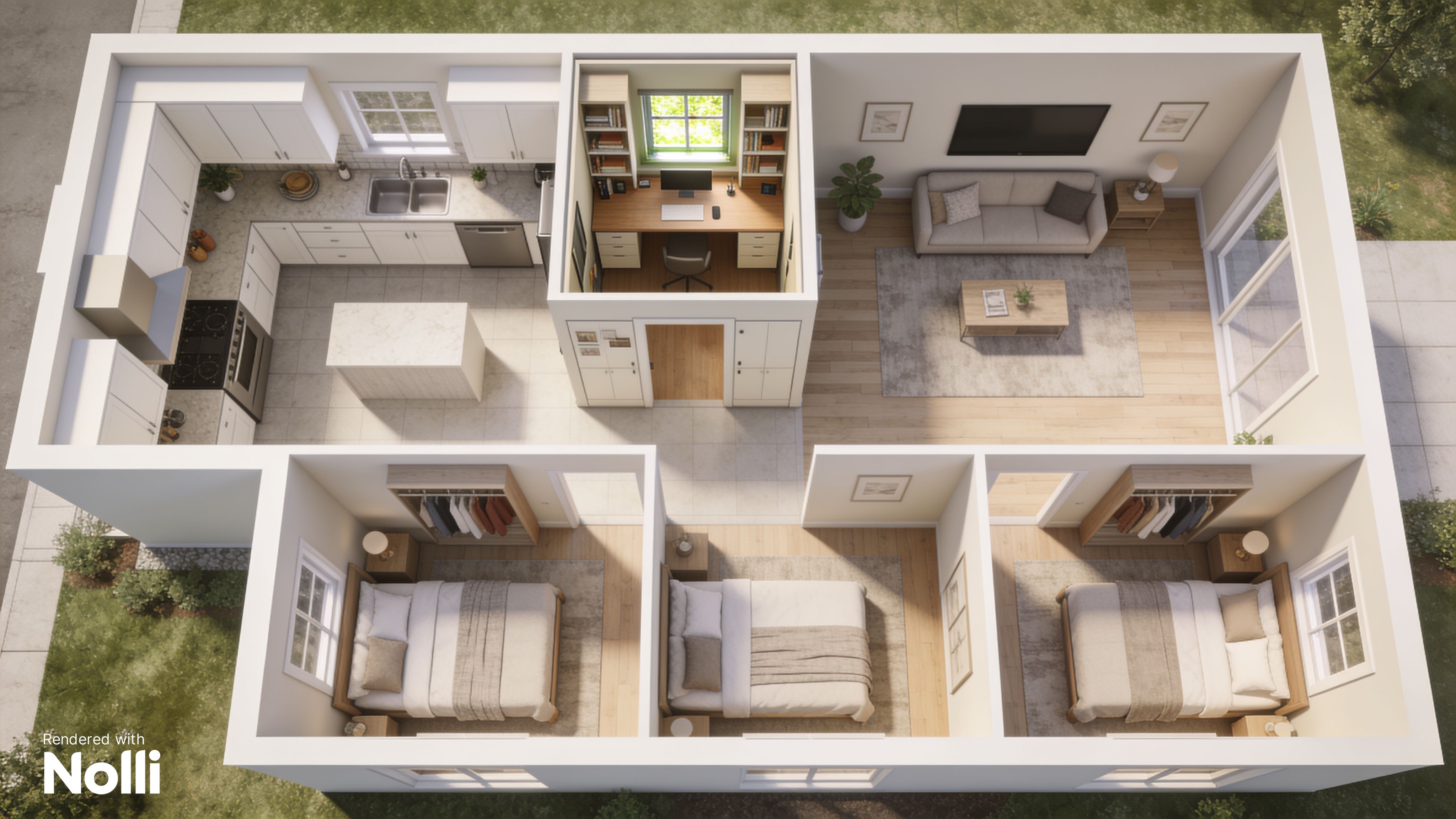 Split Family Sign 3D Floor Plan of a Family House with Pocket Office