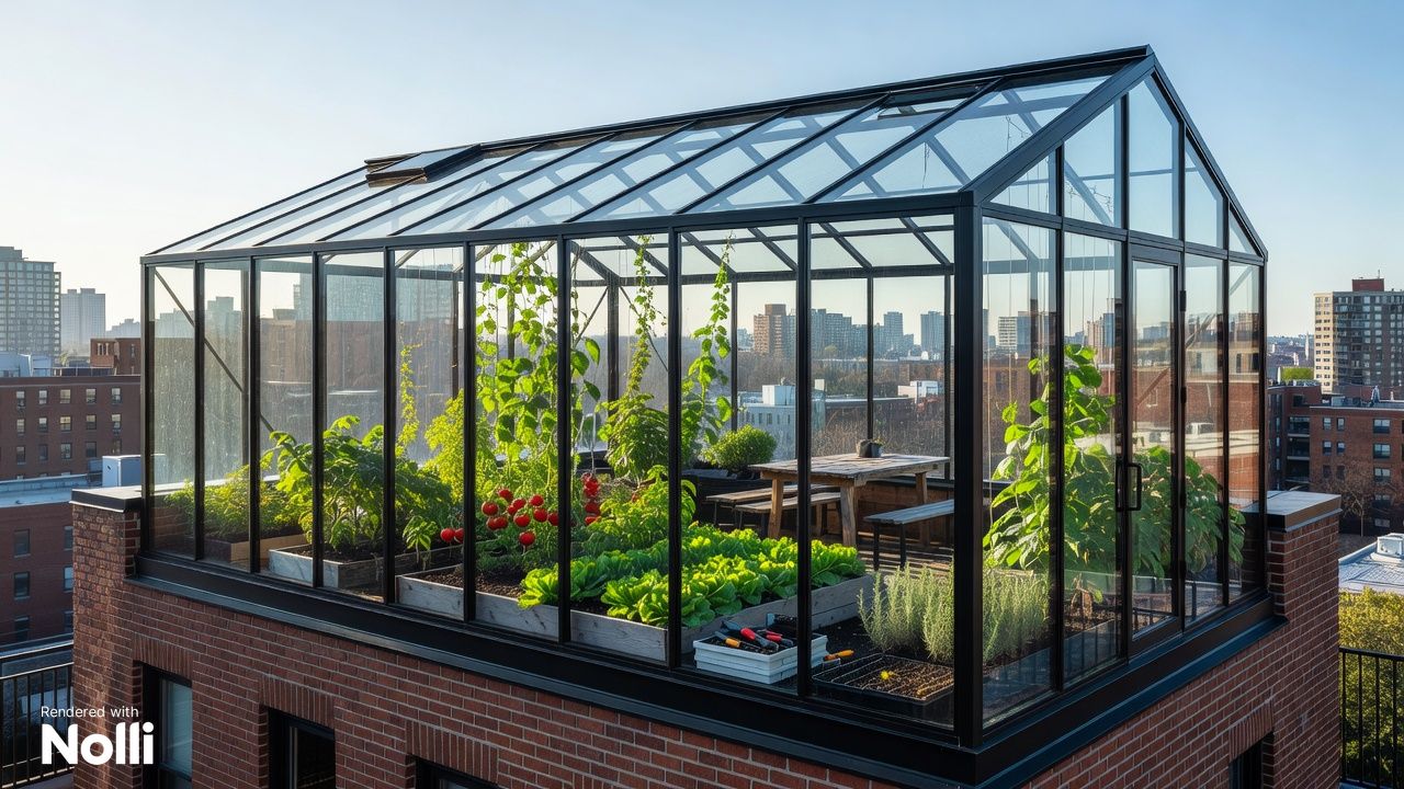 Vegetable Lettering Labels Rooftop Greenhouse Interior on Apartment Building