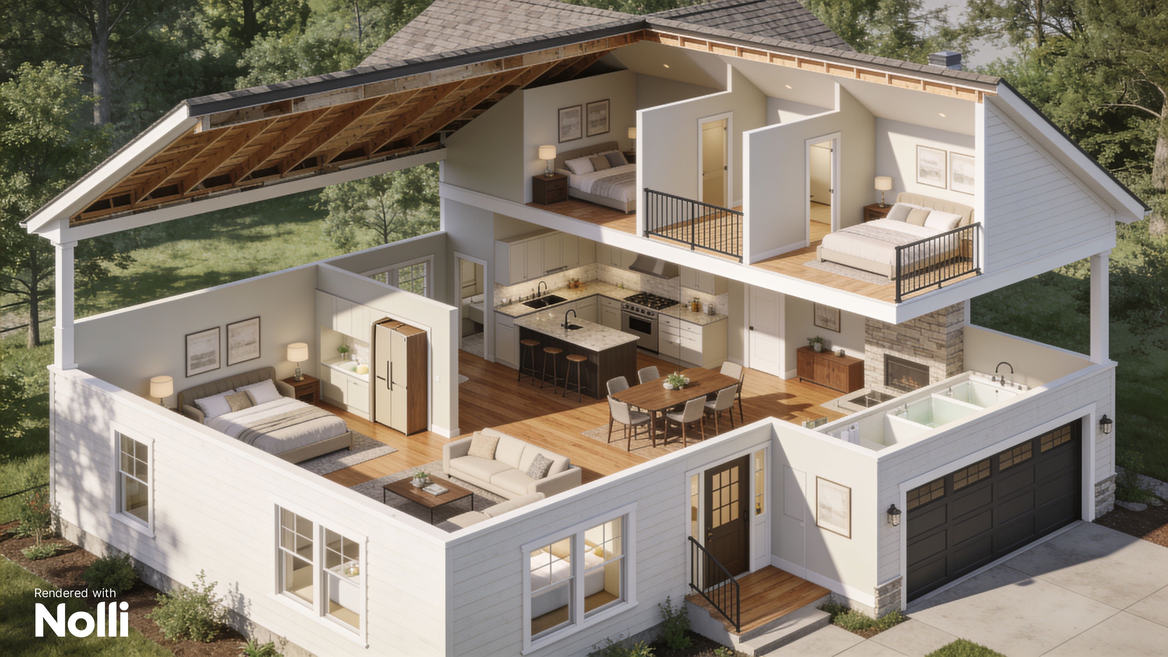 Two-Story House Floor Plan 3D Cutaway
