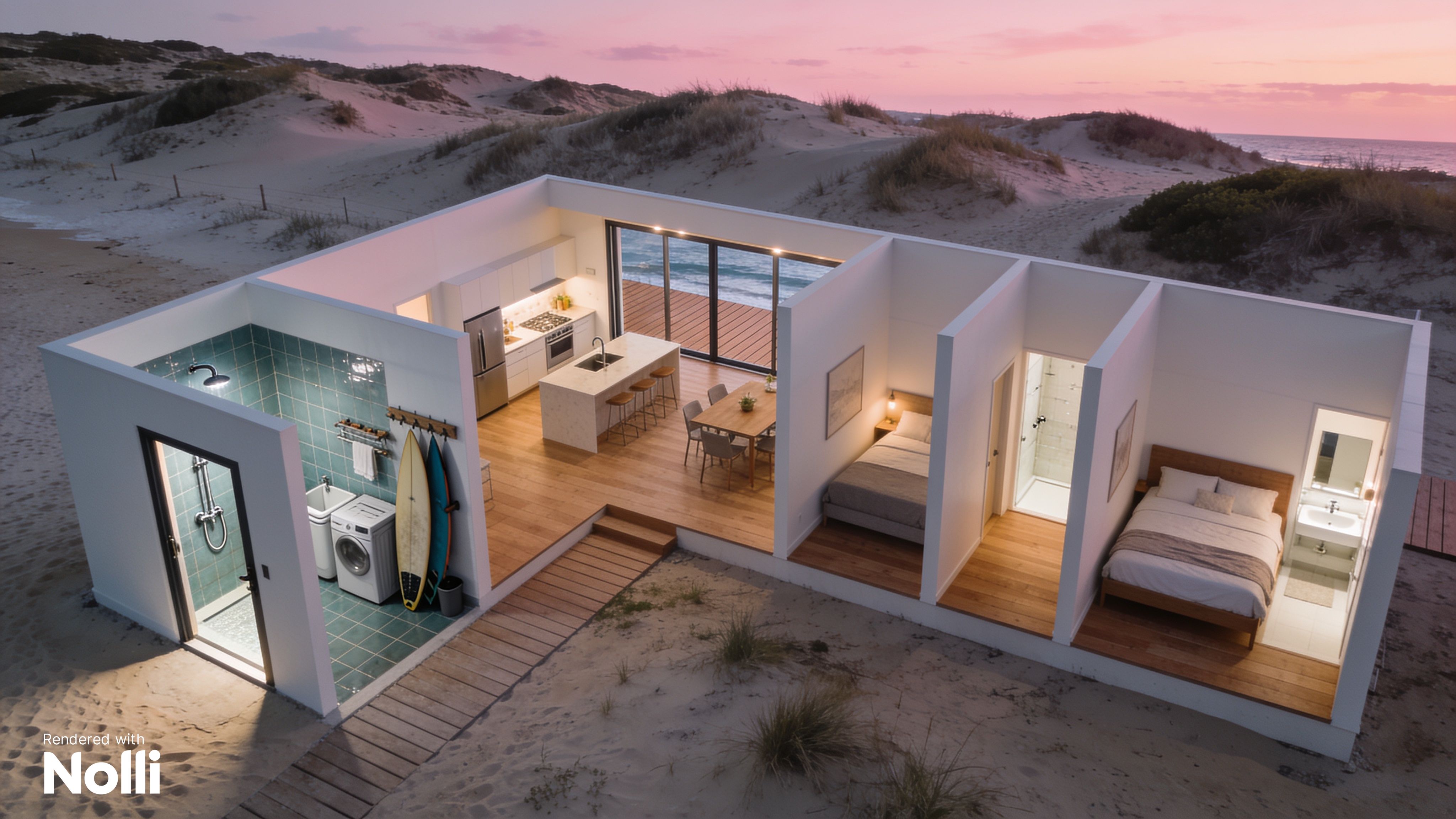 Coastal Beach House Floor Plan 3D Render