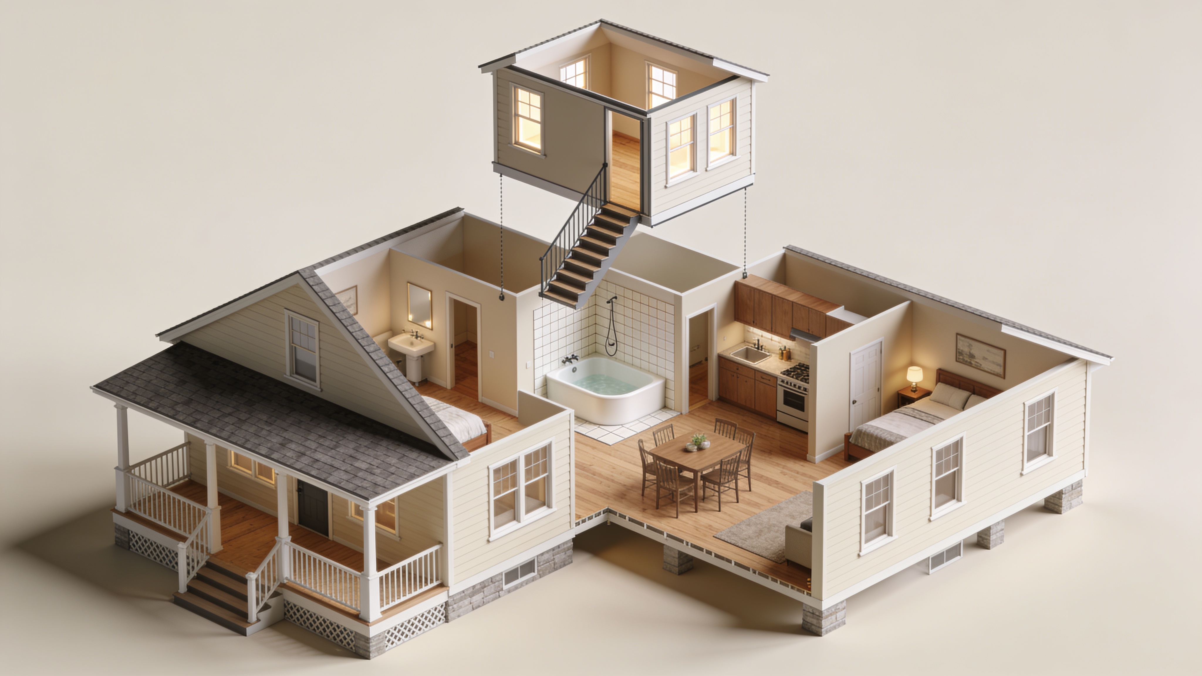 Exploded Airplane Bungalow Floor Plan 3D Render