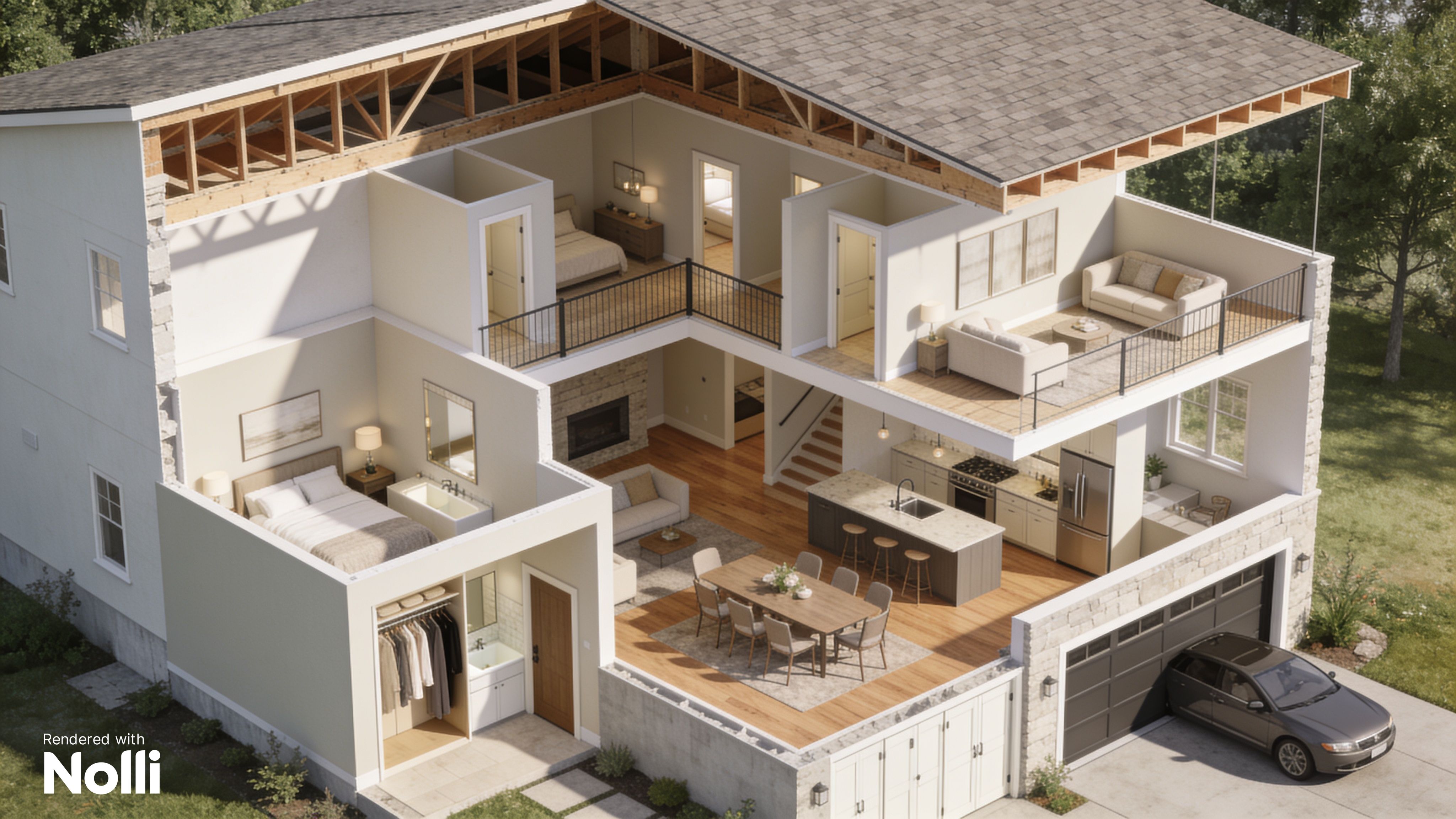 Two-Story House Floor Plan 3D Cutaway