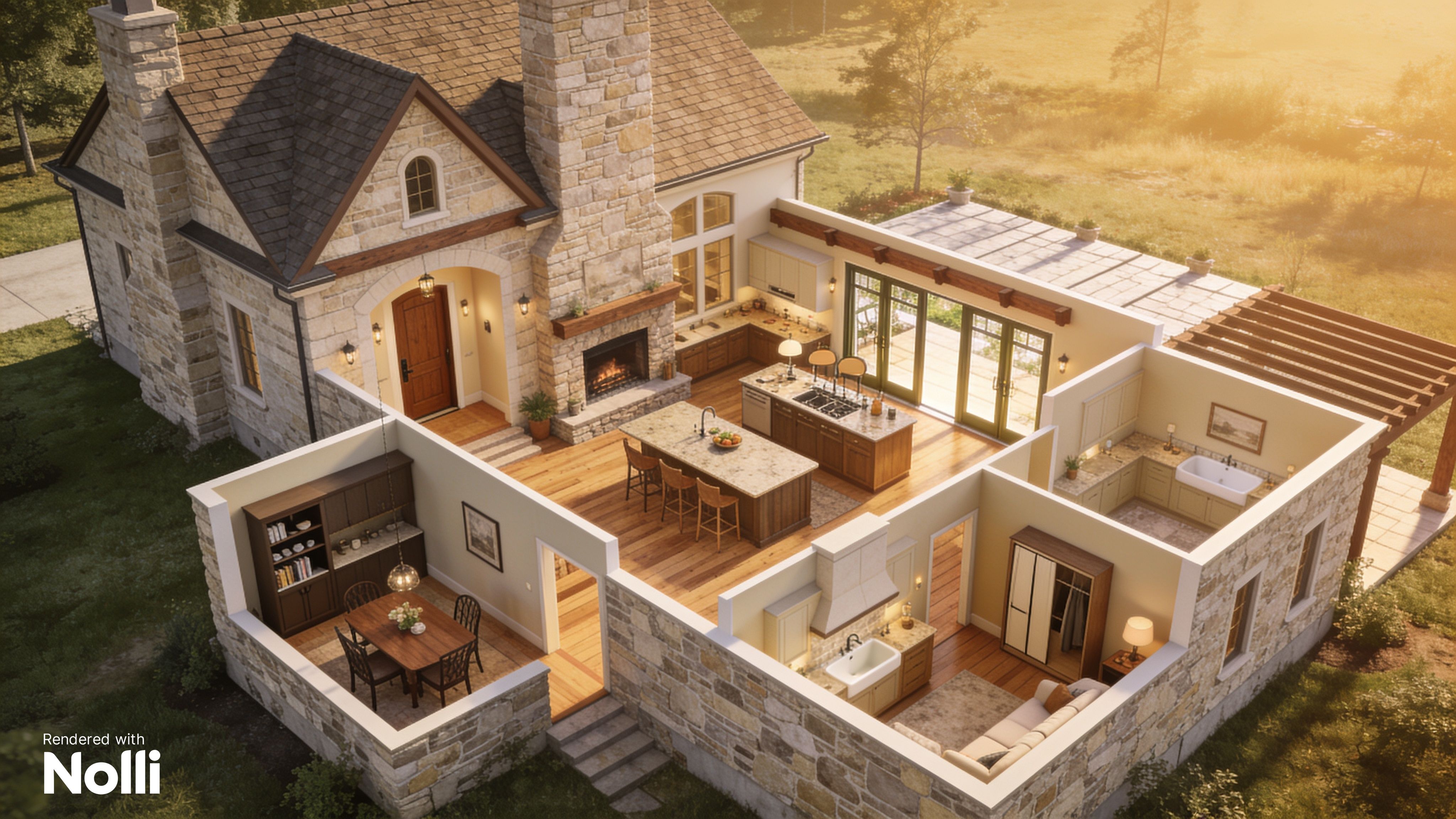 French Country House Floor Plan 3D Render
