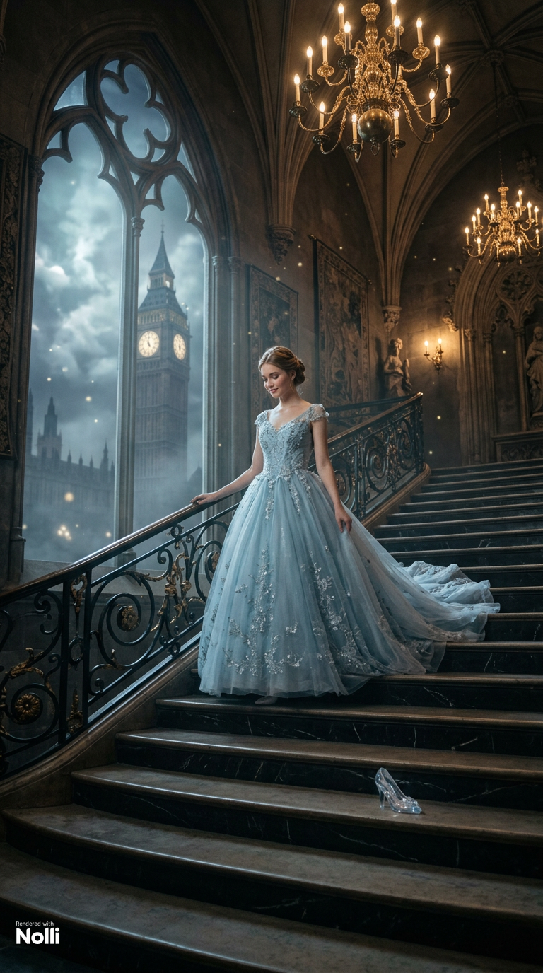 Goth Night Robe Cinematic Fantasy Woman on Gothic Staircase