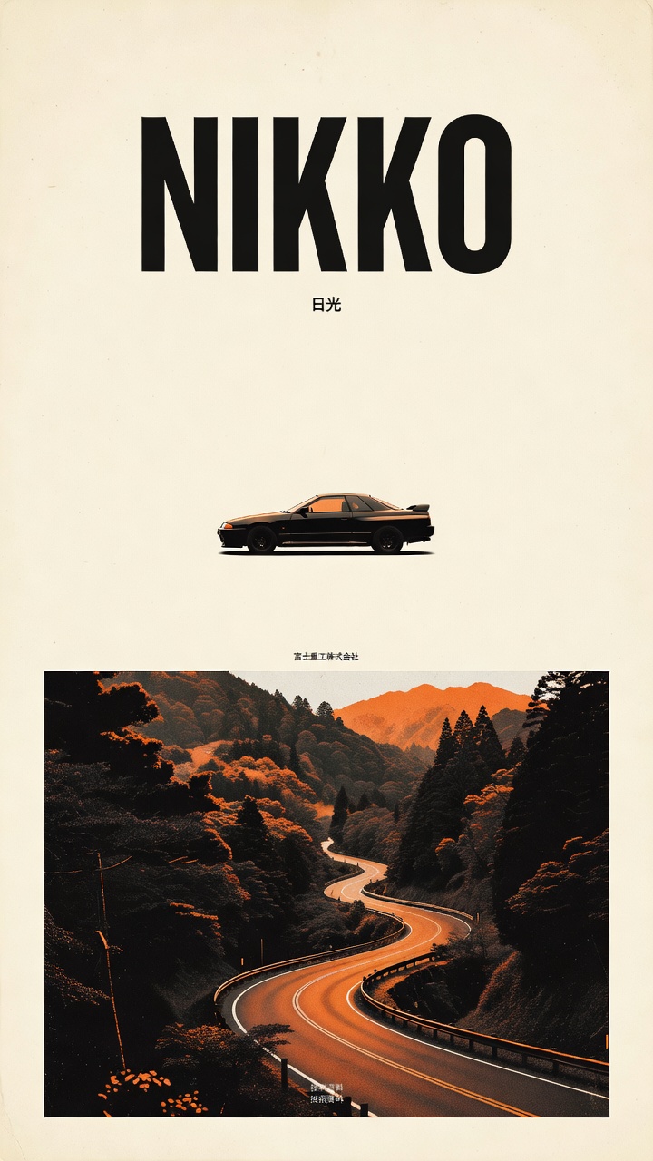 Minimalist Automotive Poster with Vintage Coupe & Mountain Road